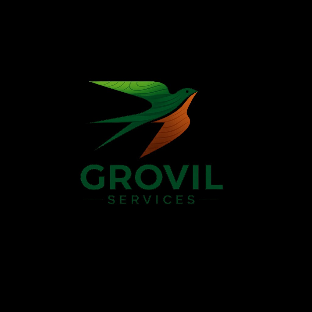 Logo firmy Grovil Services: stylizowana jaskółka w zielono-brązowych barwach, symbolizująca dynamikę i profesjonalizm w świadczonych usługach.