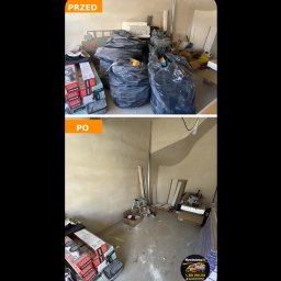 Filip Frankowski - Garaż przed i po opróżnianiu: u góry zagracony workami i kartonami, na dole posprzątany, z odzyskaną przestrzenią. Widoczne materiały budowlane i logo firmy.