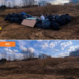 Filip Frankowski - Działka przed i po sprzątaniu: górna część kadru pokazuje teren zagracony workami i odpadami, dolna część prezentuje uprzątnięty teren z widoczną strukturą ziemi.