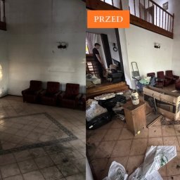 Wywieziemy24 - Opróżnione pomieszczenie z widocznym efektem 'przed i po'. Po lewej posprzątana przestrzeń, po prawej zagracona. Widoczne krzesła i fragment schodów.