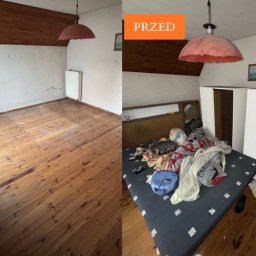Wywieziemy24 - Zdjęcie 'przed i po' opróżniania pokoju na poddaszu: zagracone wnętrze kontra pusta przestrzeń z drewnianą podłogą i grzejnikiem. Widoczna lampa i skośny sufit.