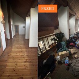 Wywieziemy24 - Korytarz domu: widok 'przed' zagracony, 'po' wysprzątany. Drewniana podłoga, białe ściany, skos dachu. Kontrast czystości i bałaganu.