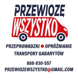 Przewiozę Wszystko - Grafika z logo firmy transportowej: czerwony bus, hasło 'Przewiozę Wszystko', oferta przeprowadzek, opróżniania, transportu gabarytów, numer telefonu i adres e-mail.