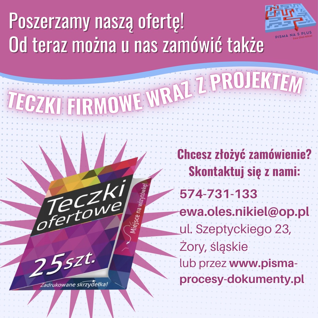 Oferta firmy: Teczki firmowe wraz z projektem. Teczki ofertowe, 25 sztuk, zadrukowane skrzydełka. Miejsce na wizytówkę. Dane kontaktowe.