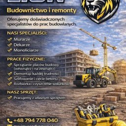 PROJEKT LION + BHP - Grafika reklamowa firmy budowlanej LION z ofertą na wiosnę 2026. Na pierwszym planie narzędzia, w tle budowa i maszyny budowlane. Kontakt telefoniczny i mailowy.