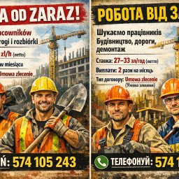 PROJEKT LION + BHP - Grafika z dwoma ujęciami: po lewej polska wersja językowa, po prawej ukraińska. Obie wersje oferują pracę na budowie, drodze i rozbiórce. Widoczni robotnicy w kaskach i kamizelkach.