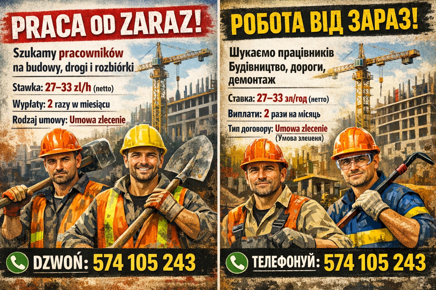 Grafika z dwoma ujęciami: po lewej polska wersja językowa, po prawej ukraińska. Obie wersje oferują pracę na budowie, drodze i rozbiórce. Widoczni robotnicy w kaskach i kamizelkach.