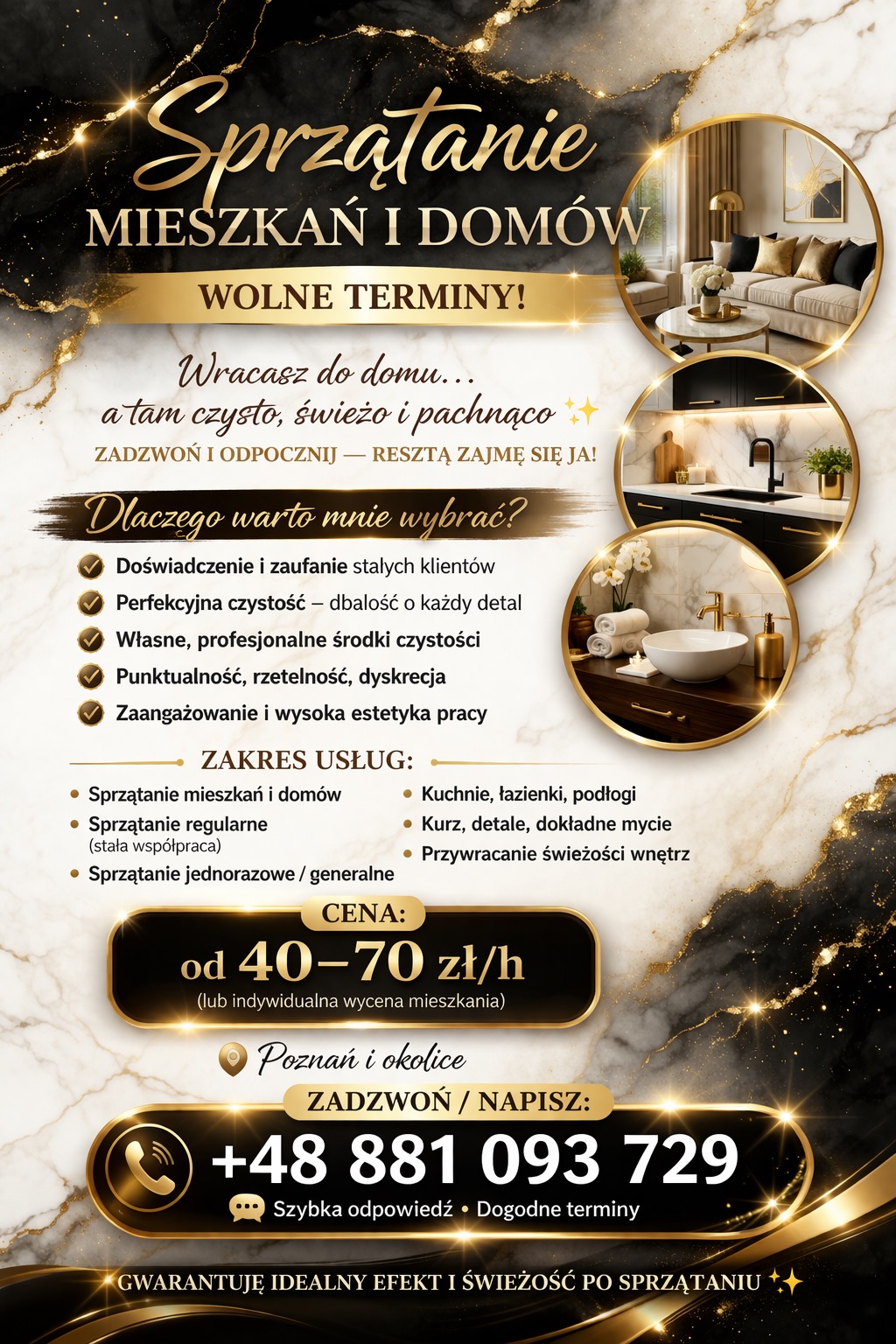Elegancki baner reklamowy usług sprzątania mieszkań i domów w Poznaniu. Oferta obejmuje sprzątanie regularne, jednorazowe, kuchni, łazienek i inne. Wolne terminy.