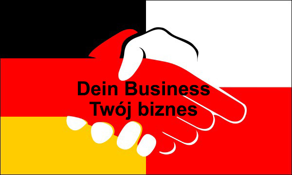 Grafika: Uścisk dłoni na tle flag Polski i Niemiec z napisem 'Dein Business Twój biznes', symbolizująca współpracę polsko-niemiecką w biznesie.