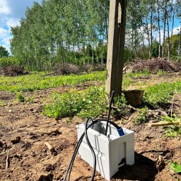 MeleM - Biała skrzynka przyłączeniowa z kablami na ziemi, obok betonowego słupa energetycznego na tle drzew i błękitnego nieba. Widok z bliska, w słoneczny dzień.