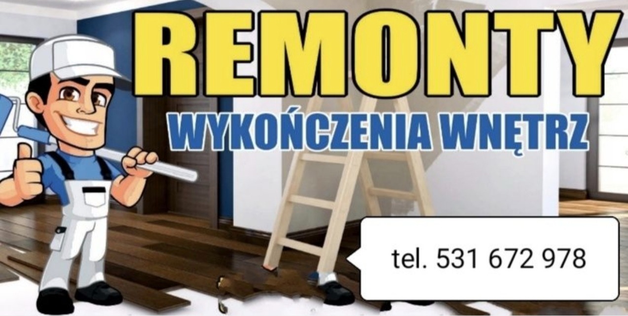 Grafika reklamowa: kreskówkowy malarz z wałkiem, napis 'Remonty Wykończenia Wnętrz', drabina i numer telefonu na tle wnętrza z panelami.