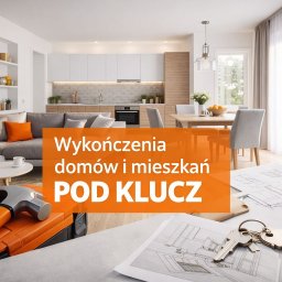 Vitalii Dzekeliev - Nowoczesne wnętrze mieszkania z elementami wykończeniowymi: plan, klucze, narzędzia. Widok na salon z kuchnią. Wykończenia domów i mieszkań pod klucz.