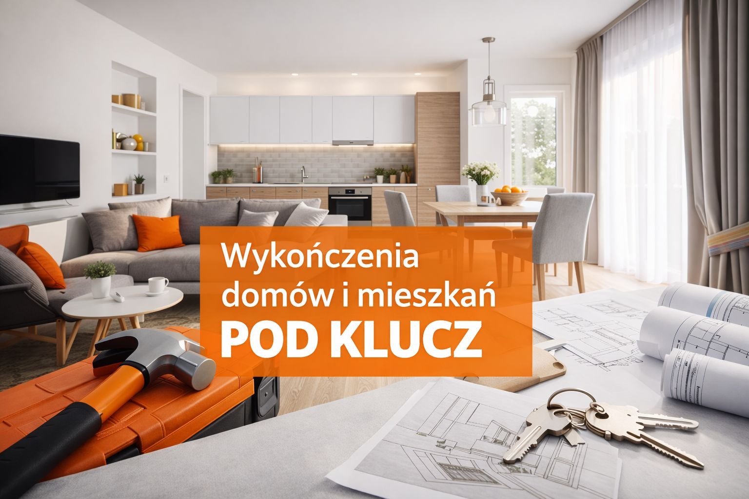 Nowoczesne wnętrze mieszkania z elementami wykończeniowymi: plan, klucze, narzędzia. Widok na salon z kuchnią. Wykończenia domów i mieszkań pod klucz.
