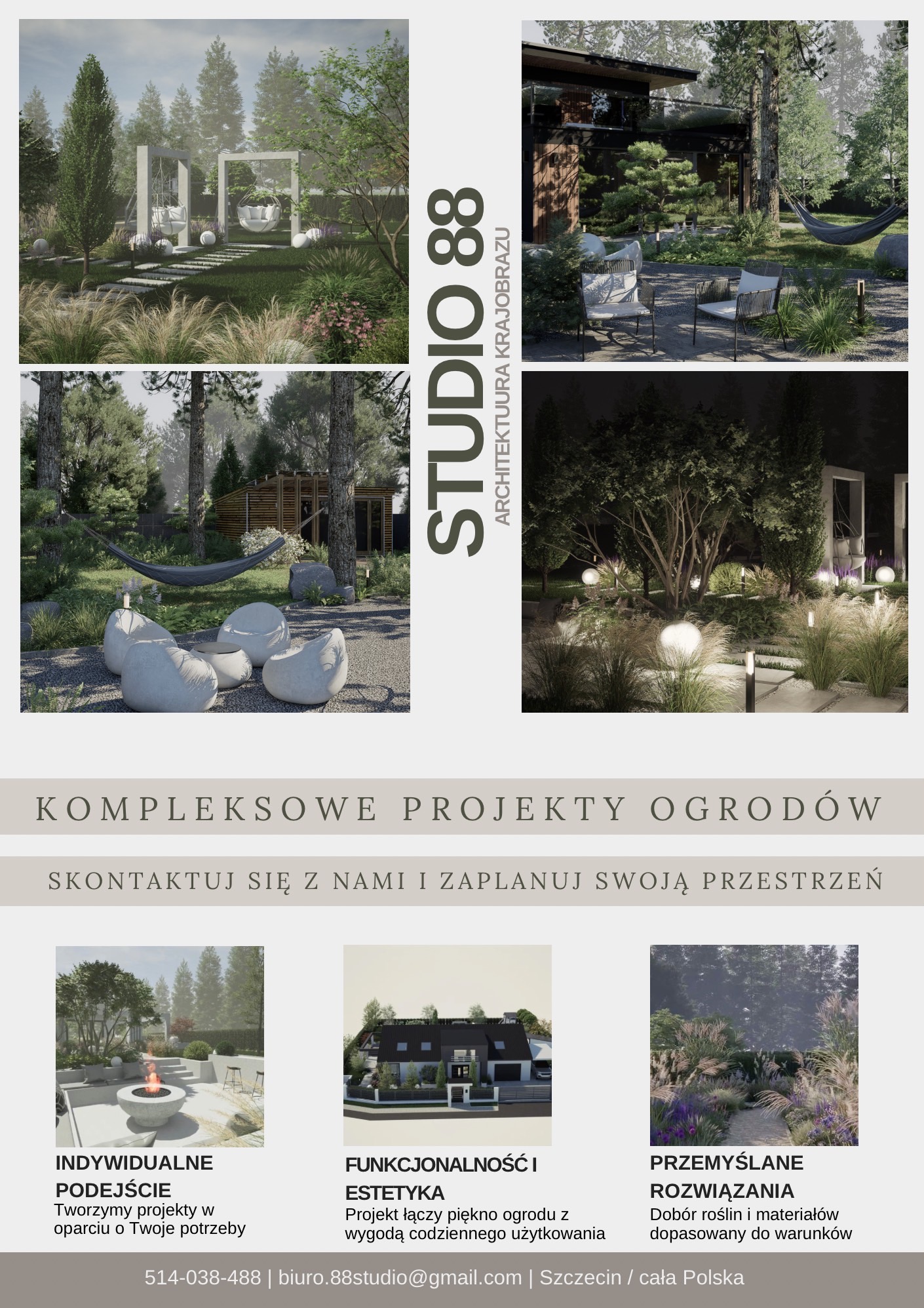 Wizualizacja projektu ogrodu od Studio 88: nowoczesne meble ogrodowe, oświetlenie, bujna roślinność. Architektura krajobrazu łącząca estetykę i funkcjonalność.