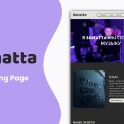 Tatiana Kulinkowicz - Landing page 'Sonatta' z motywem muzycznym. Fioletowe tło, ciemne elementy interfejsu, zdjęcie muzyka w tle. Napisy w języku rosyjskim. Nowoczesny design.