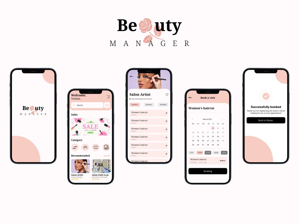Aplikacja mobilna 'Beauty Manager' na pięciu smartfonach, prezentująca funkcje: strona główna, oferta, profil salonu, kalendarz rezerwacji i potwierdzenie rezerwacji.