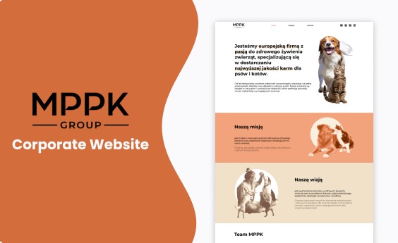 Projekt strony internetowej dla firmy MPP, specjalizującej się w karmach dla zwierząt. Strona z motywem zwierzęcym, z wyraźną typografią i pomarańczowym akcentem kolorystycznym.