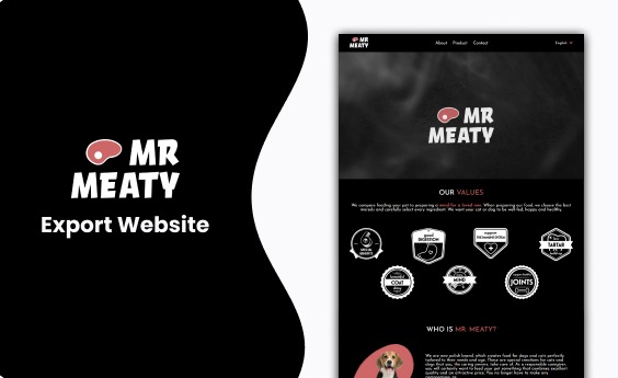 Prezentacja strony internetowej Mr. Meaty z ciemnym tłem, logo z motywem mięsa i sekcjami o wartościach firmy oraz opisie marki. Układ responsywny.