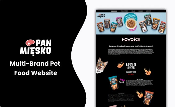 Prezentacja strony internetowej 'Pan Mięsko' z karmą dla zwierząt. Układ strony z produktami i informacjami, czarne tło, nowoczesny design. Grafika z kotem w okularach.