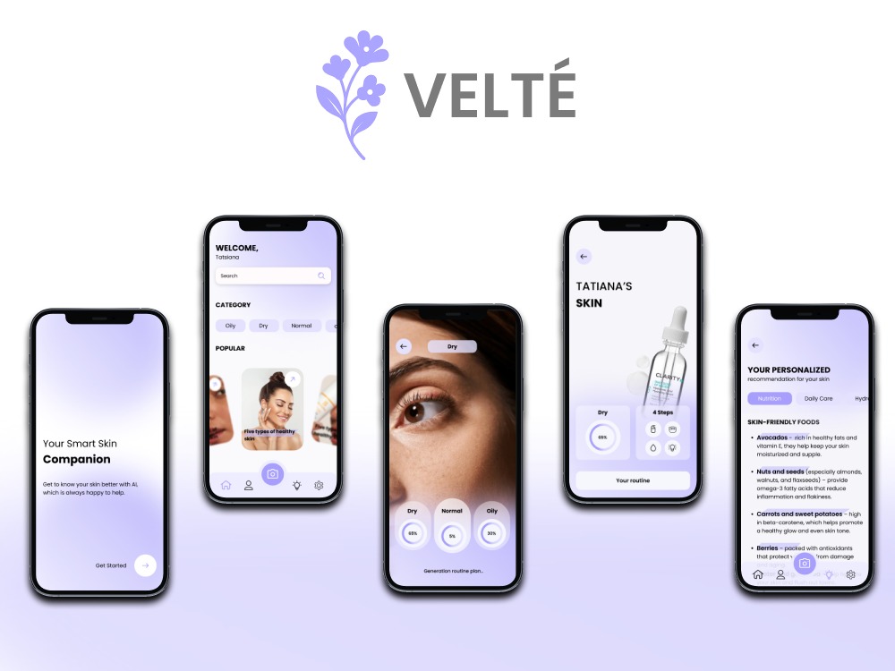 Aplikacja mobilna Velté na pięciu smartfonach prezentuje interfejs do analizy skóry, rekomendacje i spersonalizowane porady dotyczące pielęgnacji.