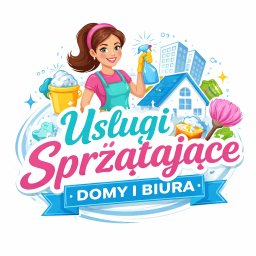 sprzatanie.dom.biuro - Ilustracja: Uśmiechnięta kobieta w fartuchu z rozpylaczem, obok wiadro z pianą, dom, biurowiec i napis 'Usługi Sprzątające Domy i Biura'.