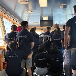 NeoKoszulki.pl - hurtowania odzieży reklamowej i roboczej - Grupa osób w jednakowych, granatowych koszulkach polo z logo Vilnia Maersk, stojących w jasnym wnętrzu przypominającym kabinę statku. Widok z tyłu, skupienie na nadruku.