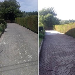 Holm Łukasz Mańka - Kostka brukowa przed i po czyszczeniu, z widoczną różnicą w kolorze i usuniętych zabrudzeniach. Po lewej stronie kostka jest brudna, po prawej czysta.