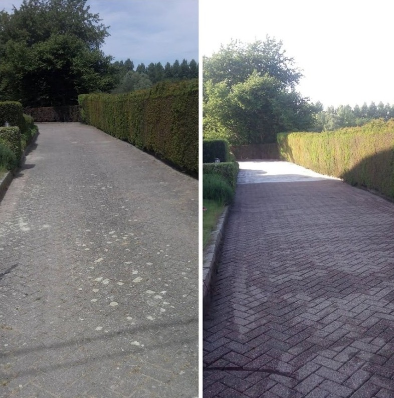 Kostka brukowa przed i po czyszczeniu, z widoczną różnicą w kolorze i usuniętych zabrudzeniach. Po lewej stronie kostka jest brudna, po prawej czysta.