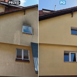 MJ Drone Sp. z o.o. - Elewacja budynku w kolorze piaskowym, podzielona na 'przed' i 'po'. Lewa strona z widocznymi zaciekami i ciemnymi zabrudzeniami wokół okien, prawa przedstawia czystą, odświeżoną fasadę.