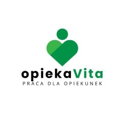 OpiekaVita sp.z o.o. - Logo firmy opiekaVita z zielonym symbolem serca i napisem 'praca dla opiekunek'. Minimalistyczny design na białym tle.