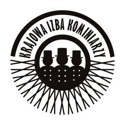Usługi Kominiarskie Bartłomiej Biliński - Czarno-białe logo Krajowej Izby Kominiarzy z trzema postaciami w kapeluszach, otoczone napisem i stylizowanymi promieniami.