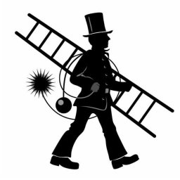 Usługi Kominiarskie Bartłomiej Biliński - Czarno-biała grafika: sylwetka kominiarza w cylindrze, z drabiną i szczotką kominiarską, idącego w prawo. Klasyczny wizerunek.