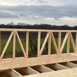 Leszek Dulinski - Konstrukcja drewniana w trakcie budowy, widok z góry na szkielet z belek i płyt OSB, z zielonym polem i drzewami w tle pod pochmurnym niebem.