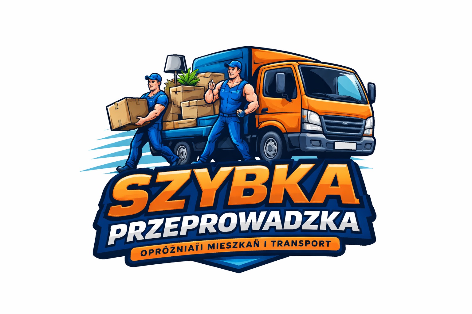 Ilustracja: Dwóch mężczyzn w kombinezonach transportuje kartony na ciężarówce. Logo firmy z napisem 'Szybka Przeprowadzka Opróżnianie Mieszkań i Transport'.
