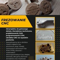 Edgecut Łukasz Chudzik - Drewniane elementy dekoracyjne i metalowe detale po frezowaniu CNC, prezentujące precyzję wykonania. Różne kształty i wzory, od logo po napisy i motywy zwierzęce.