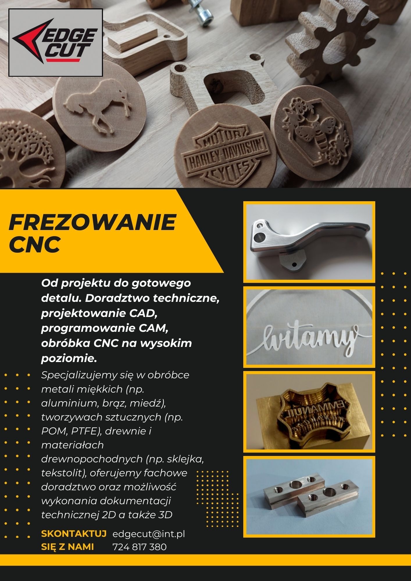 Drewniane elementy dekoracyjne i metalowe detale po frezowaniu CNC, prezentujące precyzję wykonania. Różne kształty i wzory, od logo po napisy i motywy zwierzęce.