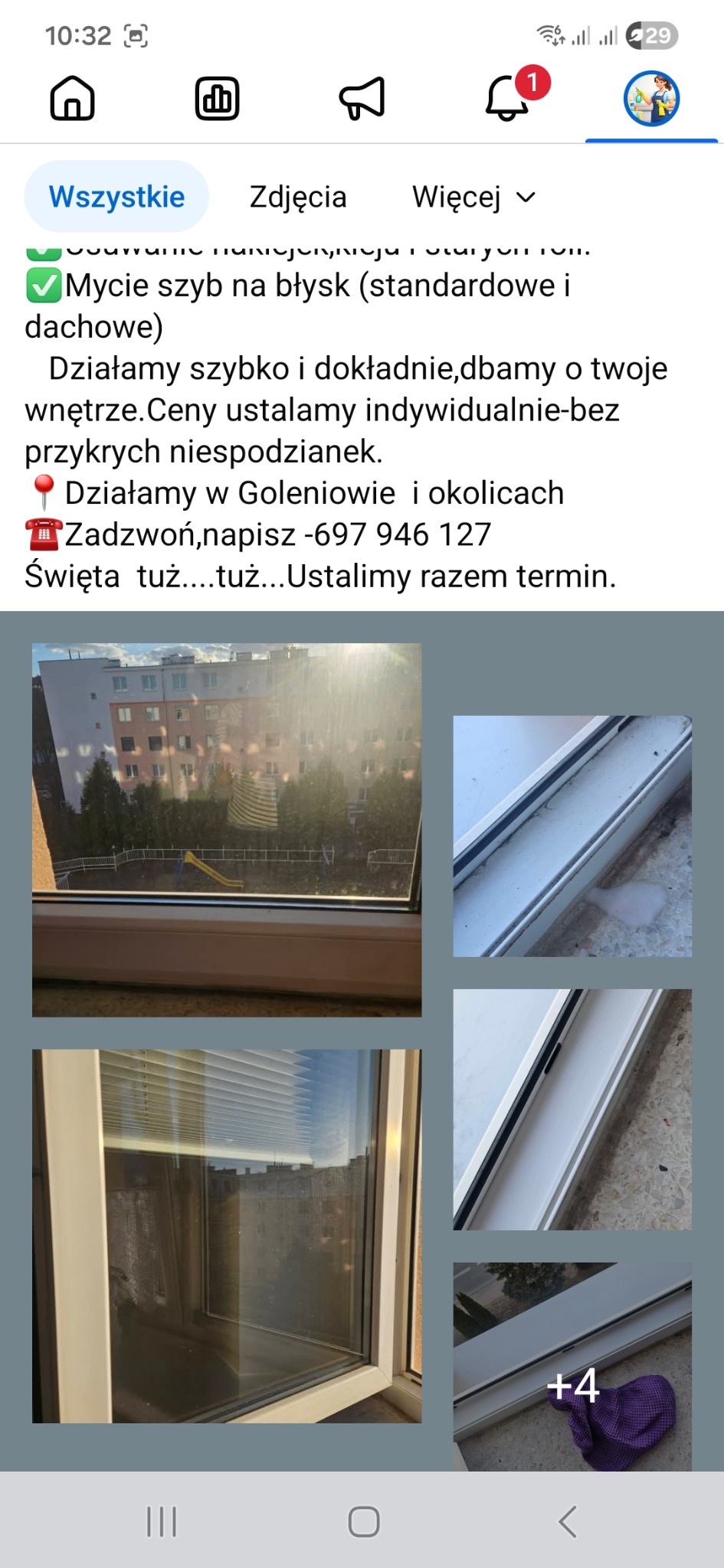 Brudne okno z widokiem na blok, detale ramy okiennej przed czyszczeniem, fioletowa ściereczka. Prezentacja stanu okien przed usługą mycia.