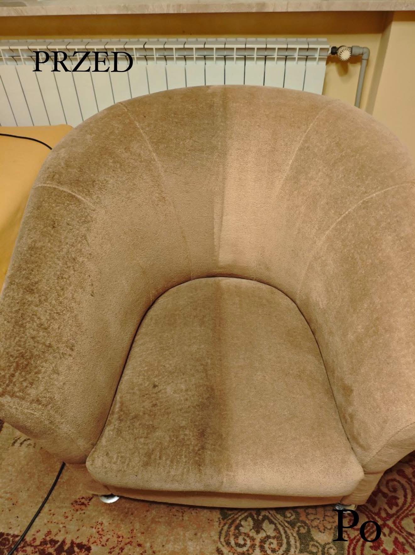 Fotel tapicerowany w odcieniach beżu, widok z góry, efekt czyszczenia 'przed i po' w Warszawie. Widoczna różnica w czystości tapicerki.