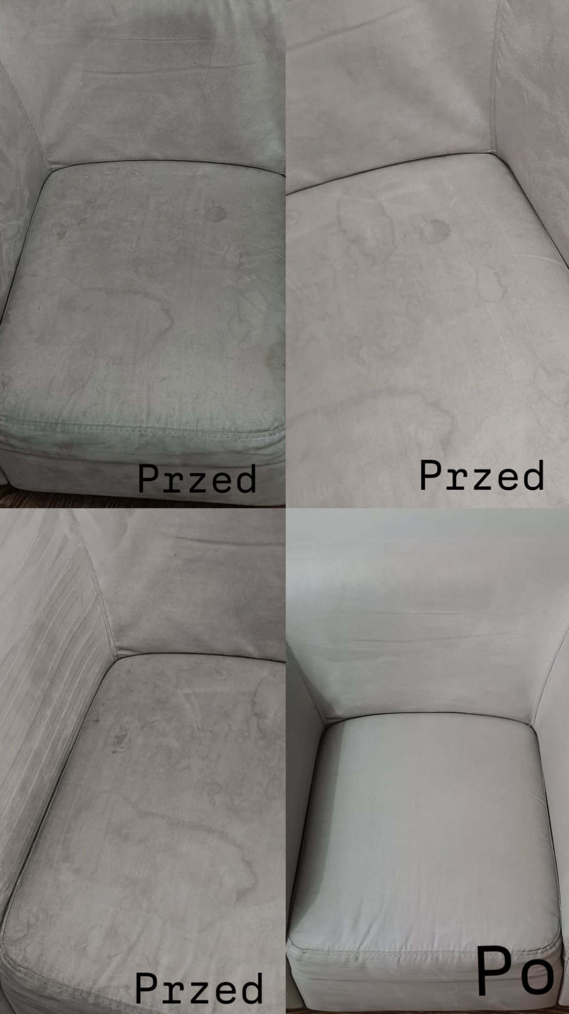 Fotel tapicerowany: porównanie stanu przed i po czyszczeniu. Widoczne plamy i zabrudzenia usunięte, tapicerka odświeżona, jaśniejsza. Ujęcie z bliska.