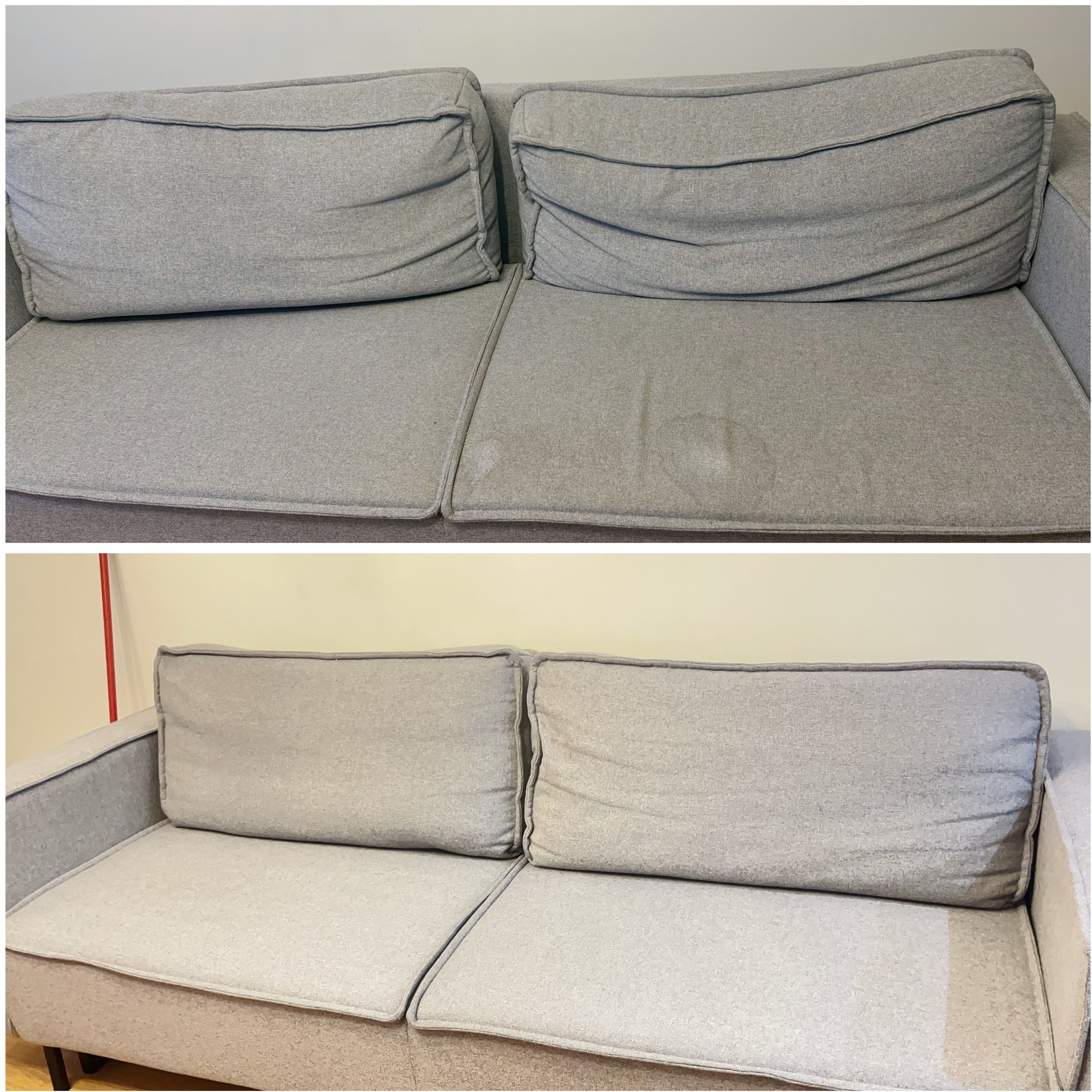 Zdjęcie 'przed i po' prania szarej kanapy z poduszkami. Widoczne wyraźne różnice w czystości materiału po prawej stronie w porównaniu do stanu początkowego.