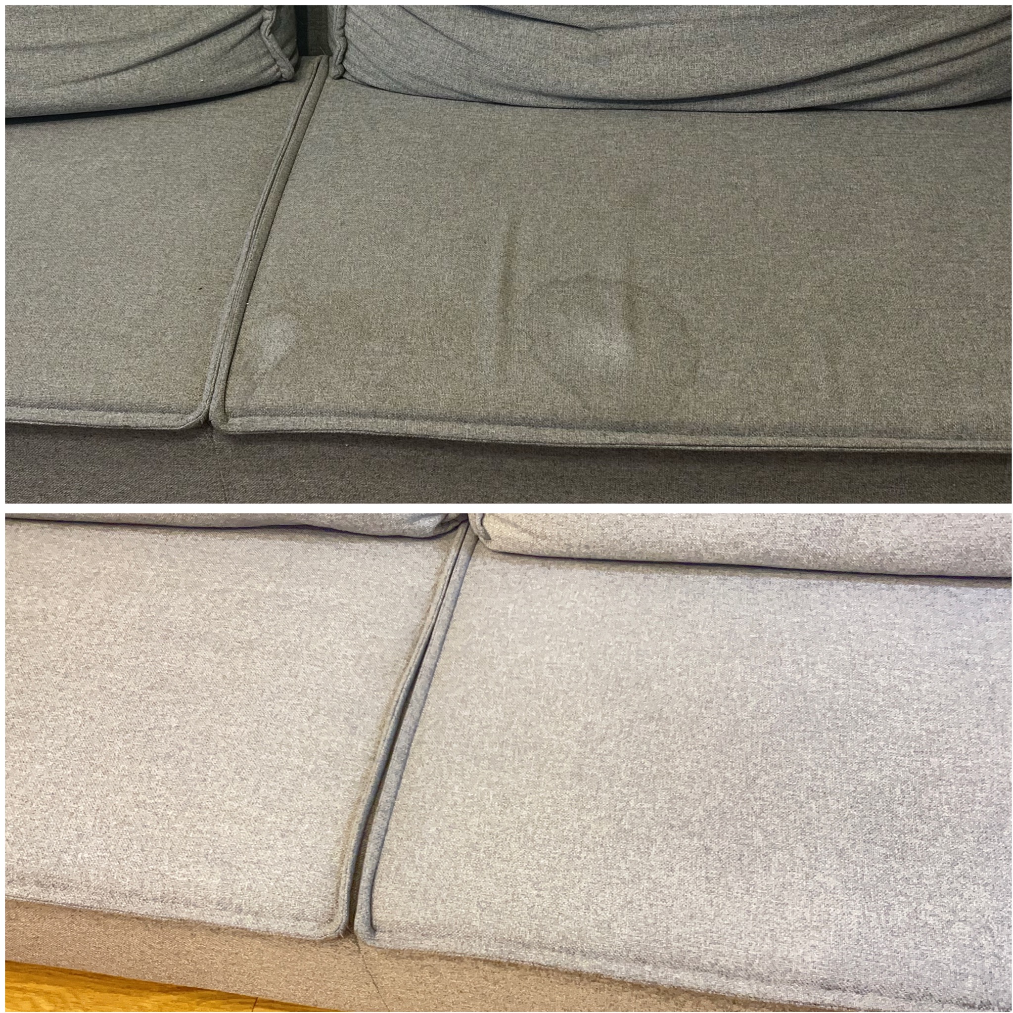 Zdjęcie przedstawia fragment szarej kanapy w układzie 'przed i po' czyszczeniu. Na górze widoczna plama, na dole czysta powierzchnia. Widoczne szwy i faktura materiału.
