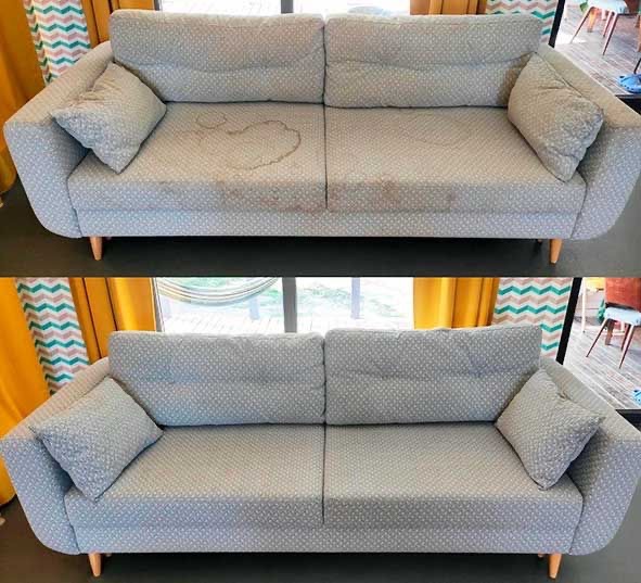 Zdjęcie 'przed i po' prania jasnoszarej kanapy w białe kropki. Na górze widoczne plamy, na dole kanapa czysta, z dwoma poduszkami. W tle okno z żółtą zasłoną.