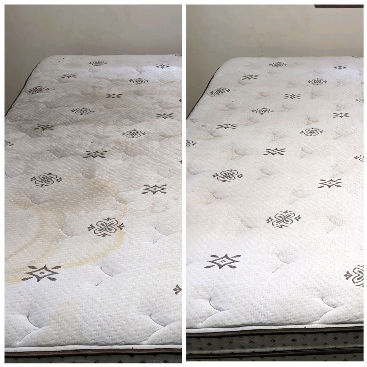 Materac z wzorem, po lewej stronie widoczne zabrudzenia, po prawej materac po czyszczeniu, ukazujący efekt prania. Ujęcie z góry, widoczne pikowania i brązowa lamówka.