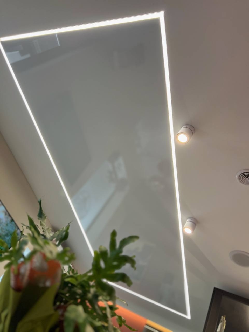 Biały, podwieszany sufit z oświetleniem LED w kształcie prostokąta, widziany z dołu, z fragmentem rośliny w lewym dolnym rogu i punktowymi lampami w tle.