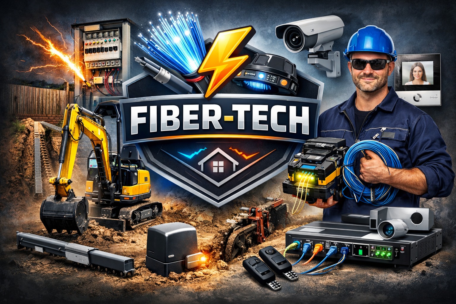 Grafika Fiber-Tech: instalacje elektryczne, automatyka bram, alarmy, monitoring. Elektryk w kasku, sprzęt, wykop, koparka, światłowody, kamery, domofon.