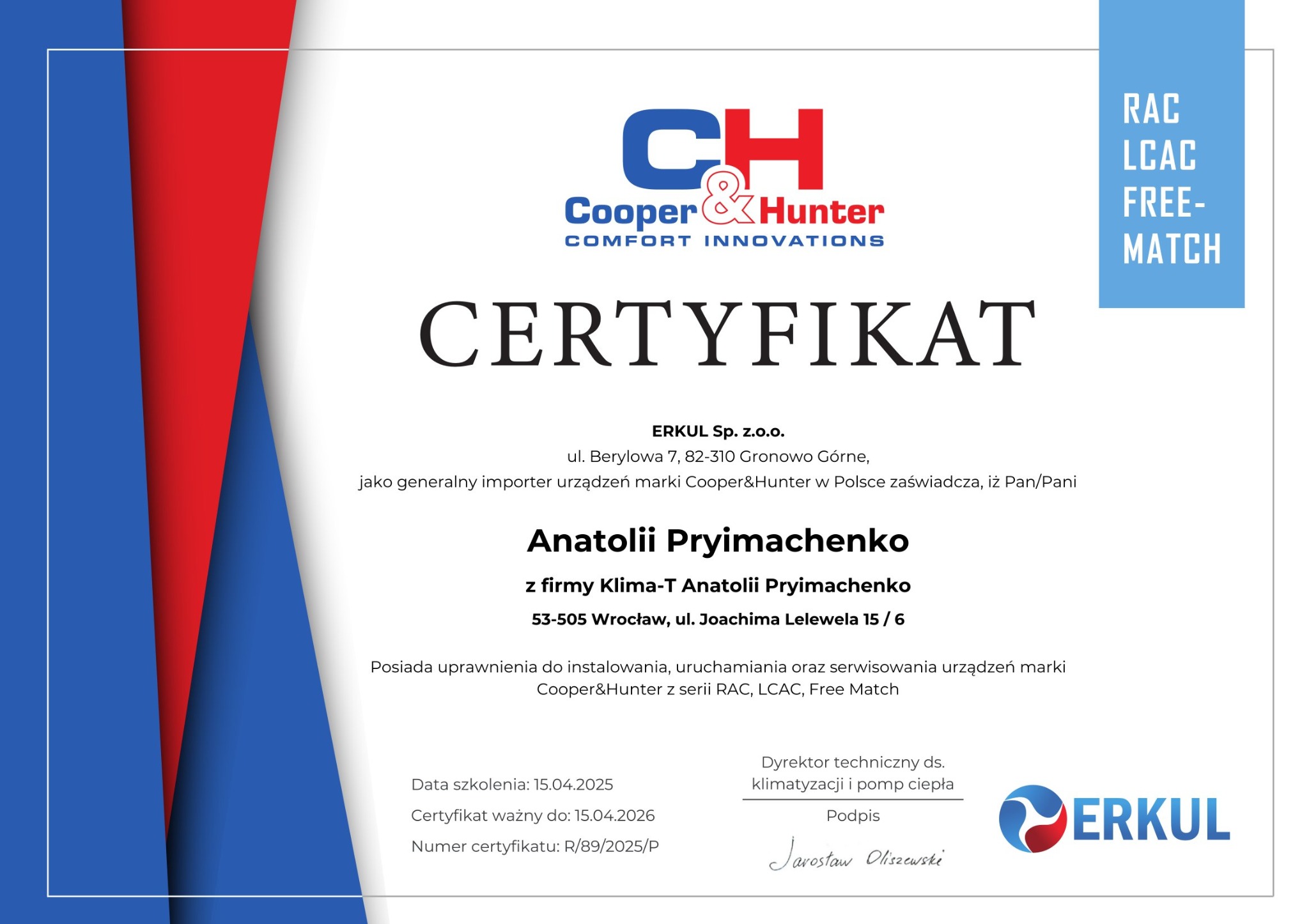 Certyfikat instalatora Cooper&Hunter z logo firmy Erkul, potwierdzający uprawnienia do montażu i serwisu klimatyzacji RAC, LCAC oraz Free Match.