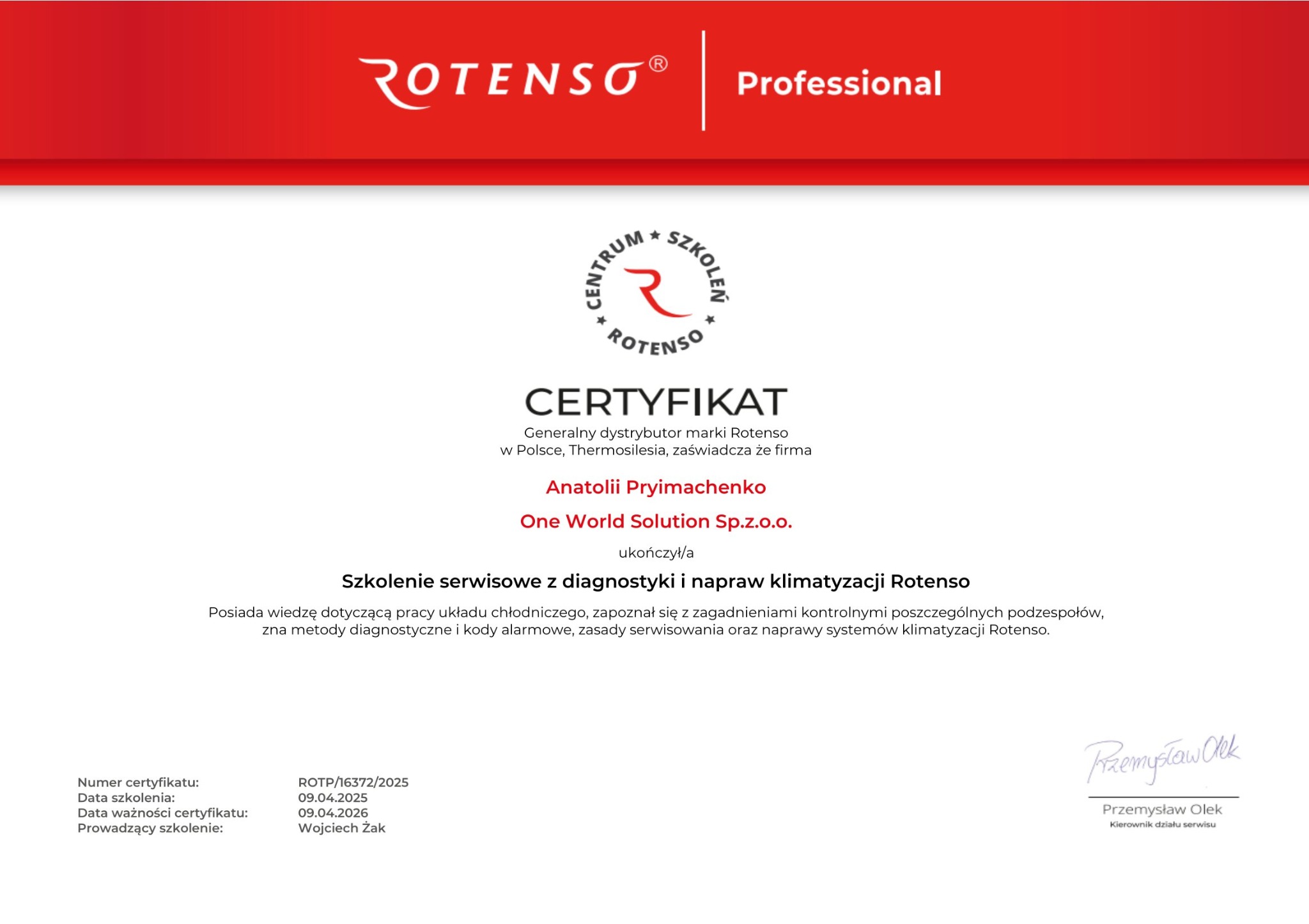 Certyfikat ukończenia szkolenia serwisowego Rotenso z diagnostyki i napraw klimatyzacji, potwierdzający znajomość budowy urządzeń i procedur serwisowych.