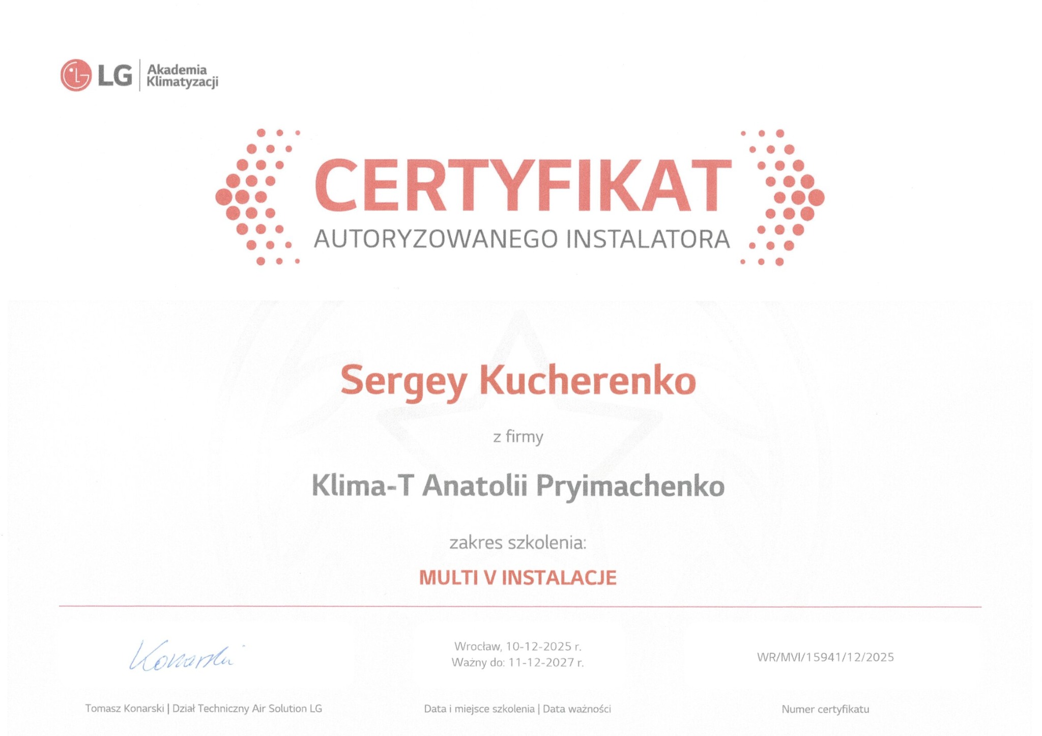 Certyfikat LG Akademii Klimatyzacji dla autoryzowanego instalatora systemów Multi V, potwierdzający uprawnienia do montażu i serwisu klimatyzacji.