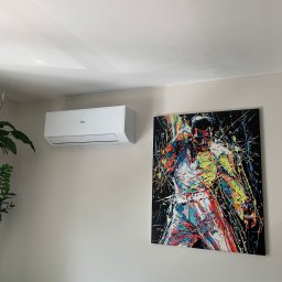 Sklima - Biały klimatyzator Haier na ścianie w pokoju, obok kolorowy obraz. Widoczny fragment rośliny doniczkowej. Minimalistyczny design wnętrza.