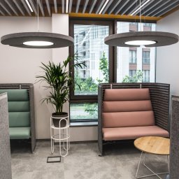 FLASH - Nowoczesne, akustyczne kabiny biurowe z rośliną doniczkową i okrągłymi lampami sufitowymi, tworzące ciche strefy do pracy w otwartej przestrzeni biurowej.